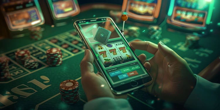 Mesa de casino com fichas e umApostador a fazer aposta no telemóvel num jogo de casino após ler como ganhar dinheiro nas slots machines online
