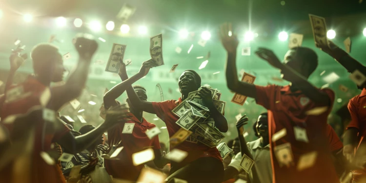 Grupos de apostadores num estádio a celebrar após apostar em Mercados de aposta no futebol